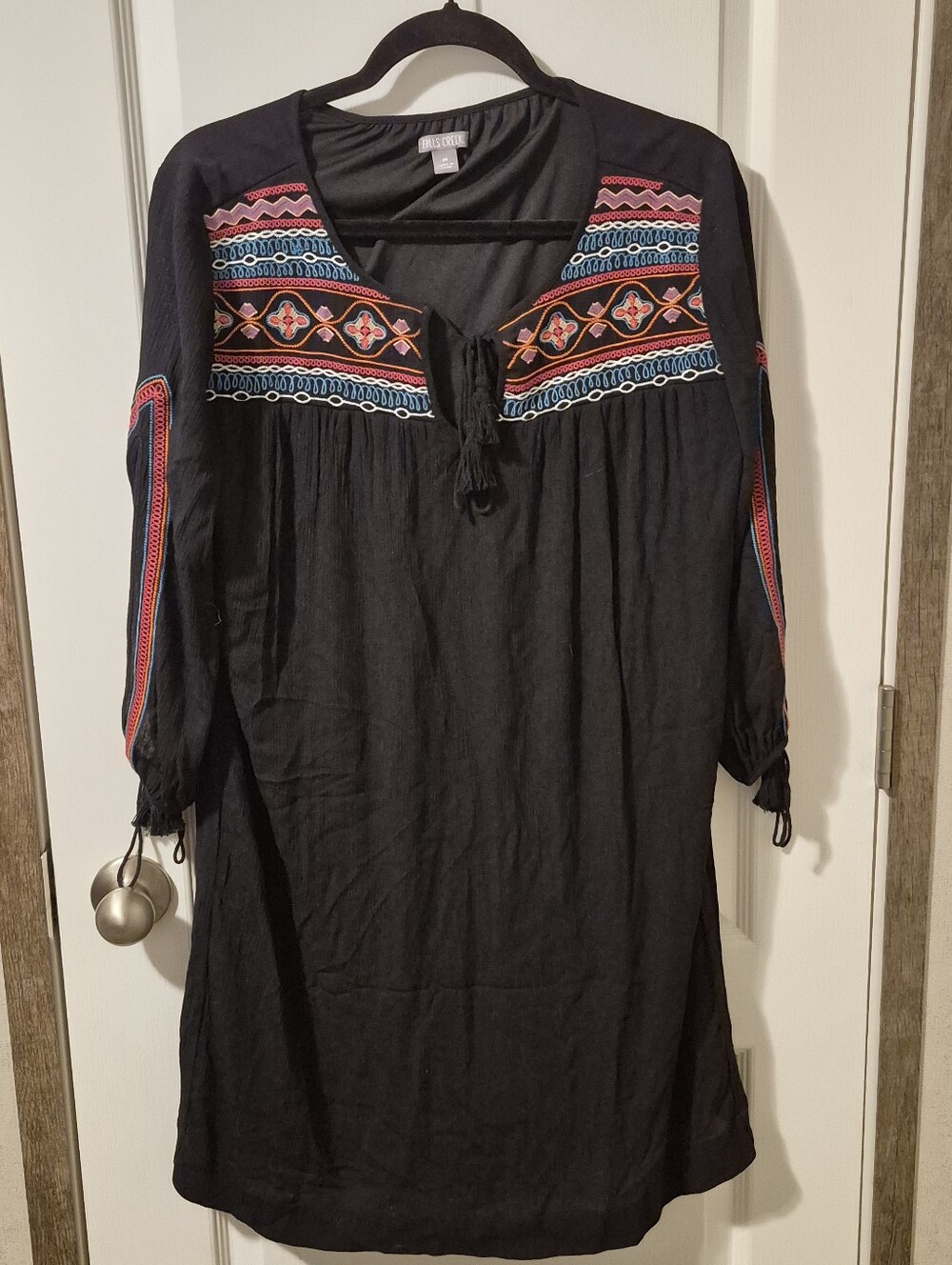 Falls Creek Black Shift Dress Multicolor Embroidery Peasant Boho Cottagecore Md